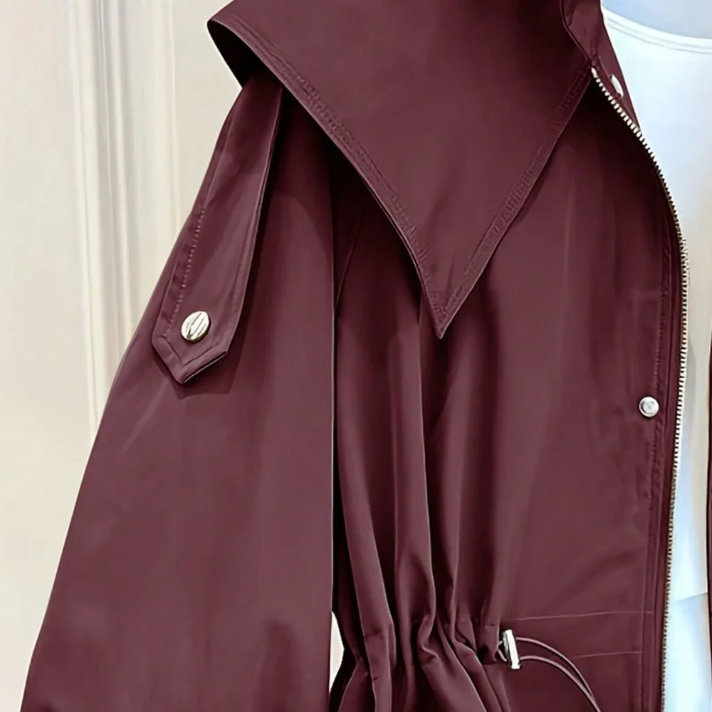 Burgundy Casual Women's Drawstring Pocket Front Button Trench Coat - Picture 4 of 5